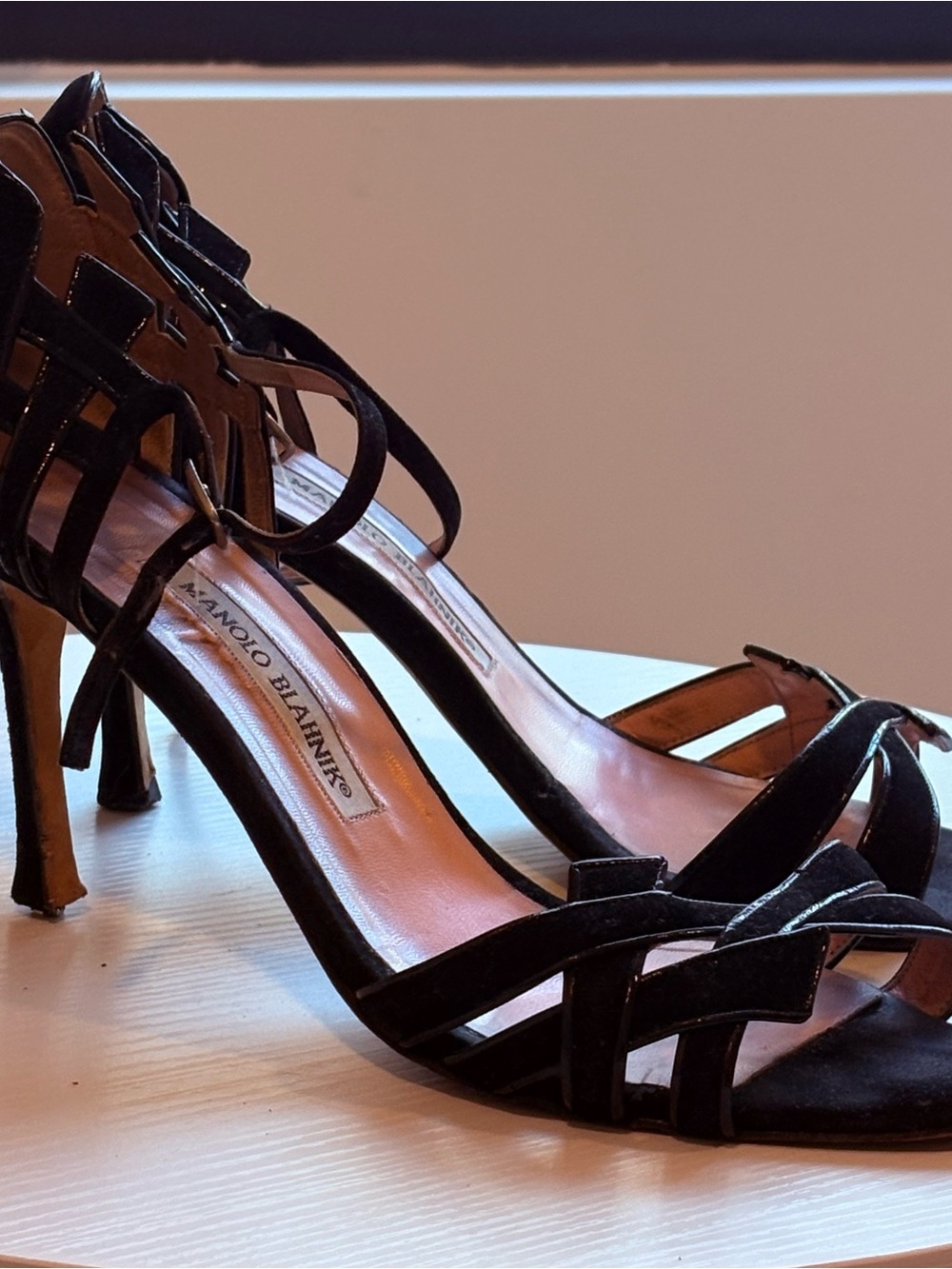 Manolo Blahnik Black Suede Strappy High Heels